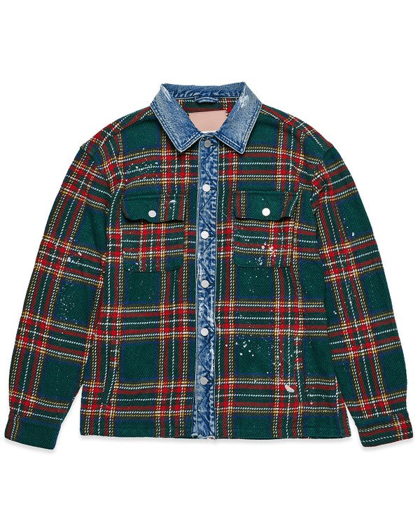 Unisex Flannel Shacket With Denim Contrast