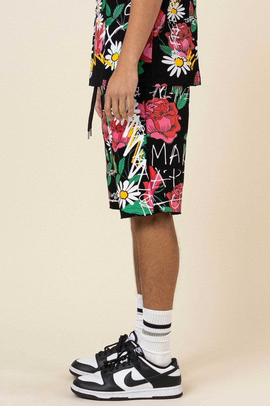 All Over Rose Bloom Print Shorts