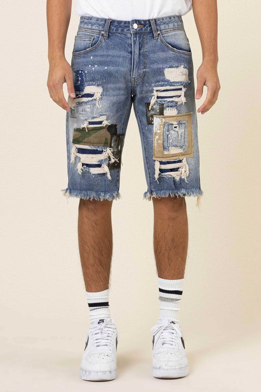 Camo & Twill Patched Rip 7 Repaired Denim Shorts