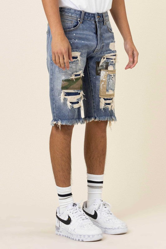 Camo & Twill Patched Rip 7 Repaired Denim Shorts
