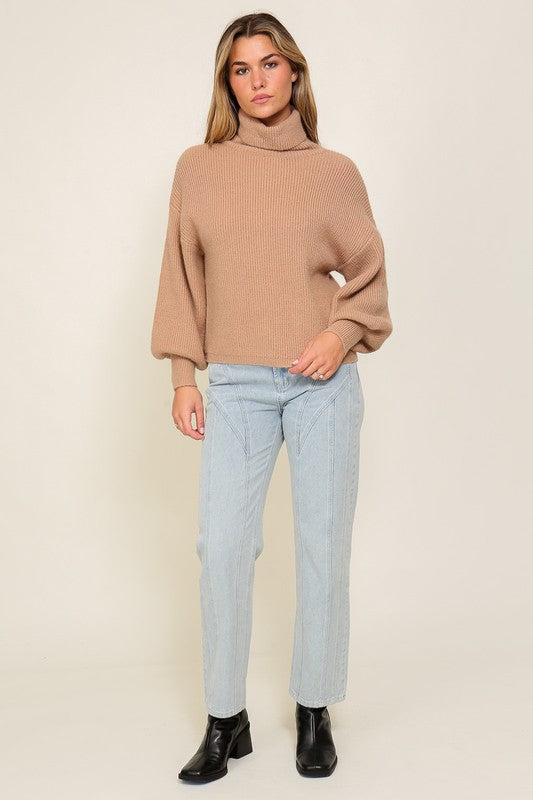 Rib Knitted Turtleneck Sweater with Bishop Sleeve