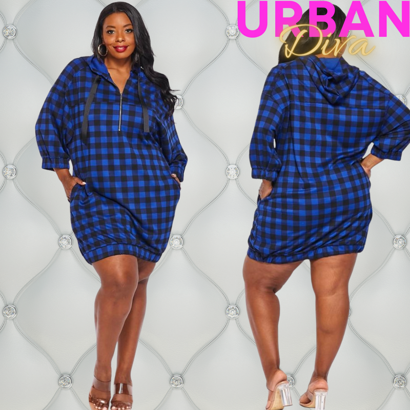 Blue Hooded Checkered Dress