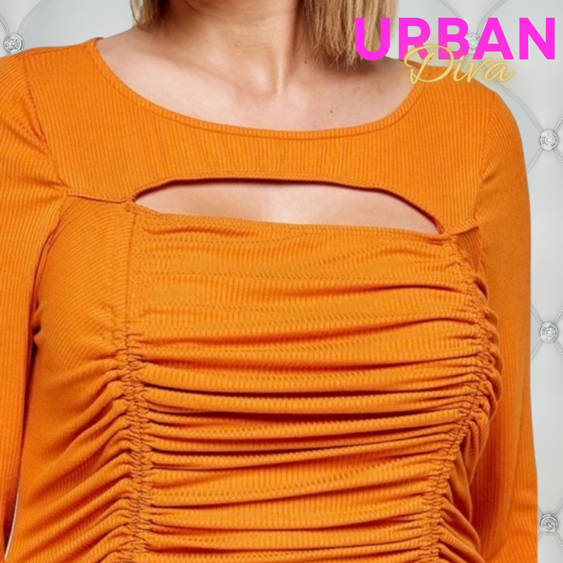 Mustard Ruched 3/4 Sleeve Top