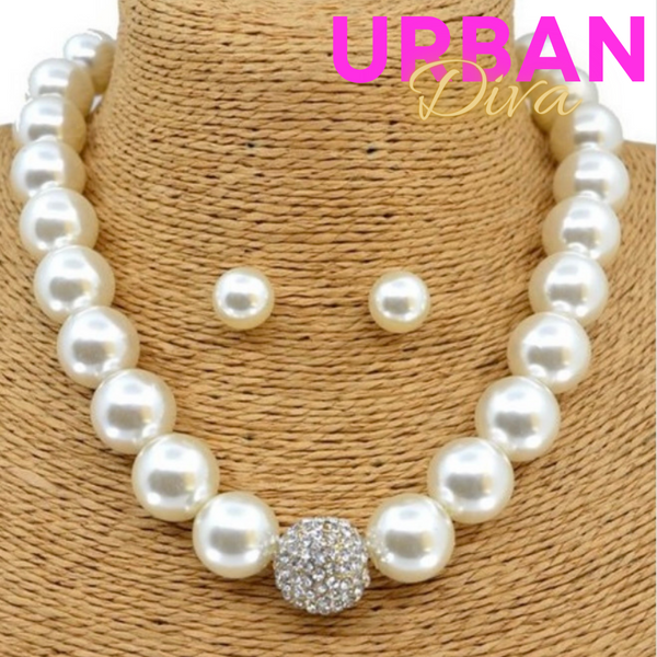 Pearl Rhinestone Center Necklace and Earring Set